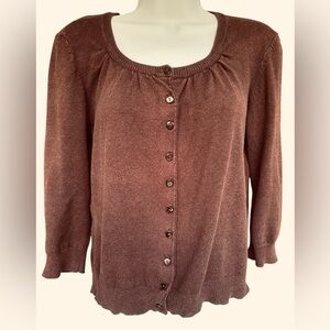 Dressbarn Chocolate Knit 3/4 Sleeve Ruched Detail Neck Button Up Cardigan XL